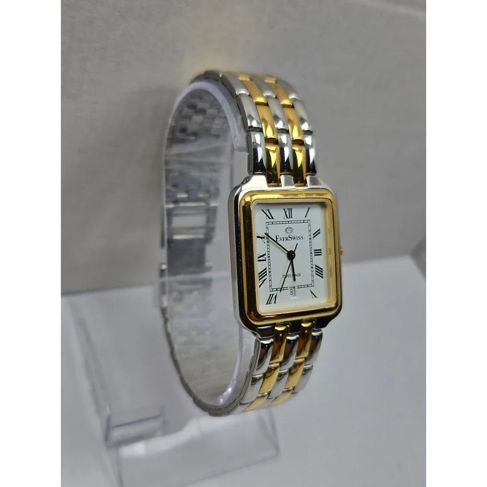 EverSwiss Womens Two Tone Gold Silver Tank 26mm Dress Date Watch New Battery